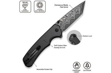 Image of CIVIVI Button Lock Brazen Flipper &amp; Thumb Stud Knife Twill Carbon Fiber Overlay On Black G10 Handle 3.46inch Damascus Blade