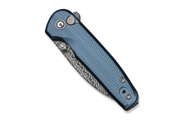 Image of CIVIVI Mini Shakan Flipper &amp; Thumb Stud &amp; Button Lock Knife Ripple Patterned Blue Aluminum Handle 2.48inch Damascus Blade