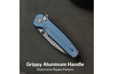 Image of CIVIVI Mini Shakan Flipper &amp; Thumb Stud &amp; Button Lock Knife Ripple Patterned Blue Aluminum Handle 2.48inch Damascus Blade