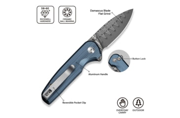 Image of CIVIVI Mini Shakan Flipper &amp; Thumb Stud &amp; Button Lock Knife Ripple Patterned Blue Aluminum Handle 2.48inch Damascus Blade