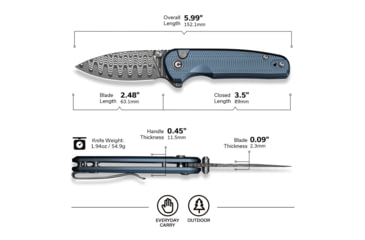 Image of CIVIVI Mini Shakan Flipper &amp; Thumb Stud &amp; Button Lock Knife Ripple Patterned Blue Aluminum Handle 2.48inch Damascus Blade