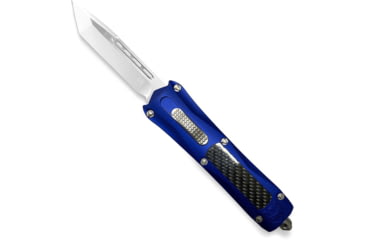 Image of CobraTec Knives King Cobra Automatic Folding Knife, 4 in, D2 Steel Blade, Tanto Plain Blade, Blue Anodized Aluminum w/Carbon Fiber Inlay Handle, BLUKCTNS