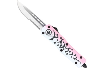 Image of CobraTec Knives FS-3 Medium OTF Automatic Folding Knives, 3in, D2 Steel, Drop Point Serrated Blade, Pink Aluminum Handle, MFLPKFS3DS