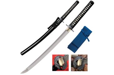 Image of Cold Steel Wakizashi Long Handle Sword, 21in, 1060 Carbon, Black, Ray Skin Handle w/ Black Braid Cord and Brass Menuki, CS-88BWWK