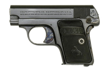 Image of Colt 1908 Vest Pocket Pistol, .25 Auto, 2 in barrel, blued finish steel frame, black checkered rubber grip, blowback operated semi-auto, none, 6 round magazine, 1908 Vest Pocket-1-FRRMPG