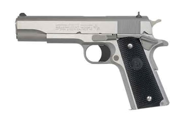 Image of Colt 1991 Government Pistol, 9mm Luger, 5 in barrel, stainless steel frame, checkered black polymer grip, recoil operated semi-automatic, fixed white dot, late model, 9 round magazine, 1991 GVMT-9-2-FRRMPG