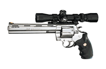 Image of Colt Anaconda Hunter Revolver, .44 Remington Magnum, 8 in barrel, stainless steel frame, rubber combat grip, revolving chamber, red ramp front, rail rear, 6 round cylinder, Anaconda Hunter-1-FRRMPG