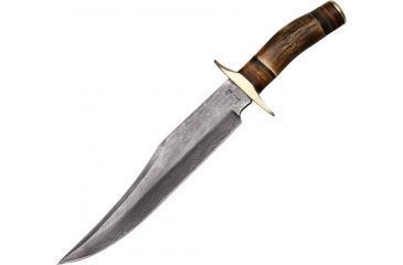 Image of Colt Bandit Bowie Damascus Fixed Blade Knife, 9.875in, Long Clip Point, Round Stag/Brown Leather Stacked Handle CT823D