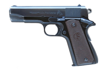 Image of Colt Commander Pistol, .45 ACP, 4.25 in barrel, blued aluminum alloy frame, brown checkered plastic grip, short recoil semi-automatic, fixed combat, 7 round magazine, CMDRP-45-1-FRRMPG