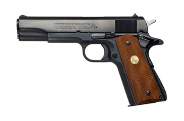 Image of Colt Government Pistol, .45 ACP, 5 in barrel, blued carbon steel frame, checkered rosewood grip, recoil operated semi-automatic, GI combat, mk iv series 70, 7 round magazine, GVMT-4-FRRMPG