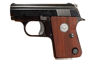 Image of Colt Junior Pistol, .25 Auto, 2.25 in barrel, blued steel frame, checkered walnut grip, blowback operated semi-auto, fixed blade and notch, 1958 - 1968 model, 6 round magazine, Junior-25-1-FRRMPG