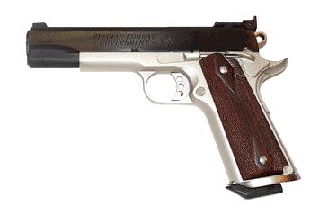 Image of Colt Special Combat Government Pistol, .38 Super, 5 in barrel, two-toned carbon steel frame, double diamond rosewood grip, recoil operated semi-automatic, Heinie front, Bomar rear, 8 round magazine, SCG-38-1-FRRMPG
