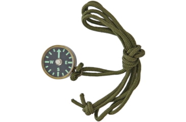 Image of Combat Ready Compass With Neck Lanyard, 3/4in Diameter, Antique Brass Casing, Fluorescent Green Glow-In-The Dark Markings, OD Green Nylon Cord Lanyard, J20