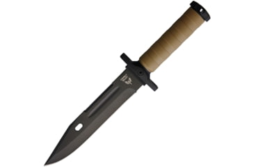 Image of Combat Ready Fixed Blade Desert Tan Handle Knife, 8.25 black finish sawback stainless blade, Tan rubber handle, CBR370 / HK10188-140E