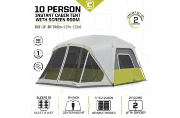 Image of Core Equipment 10 Person Instant Cabin Tent w/Screen Room, Green/Grey, 40036