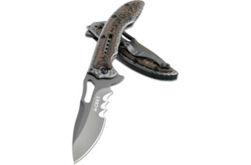 Image of CRKT Ikoma Fossil - 3.96in. Black Blade w/ Veff Serrations, IKBS, Stainless Steel &amp; G10 Scales, Clip 5471K