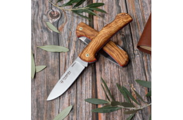 Image of Cudeman Pandora Olive Folding Knife, 4.75in Closed, 3.75in Satin Bohler N690 SS Blade, Olive Wood Handle, Brown Leather Belt Sheath, 388-L