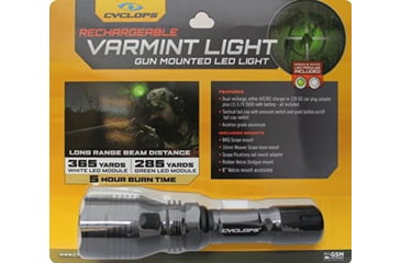Image of Cyclops Scope Mounted Varmint Light, Rechargeable LED Flashlight w/ Green LED, 250 Lumens, Clam Pack, Black, CYC-VB250NC