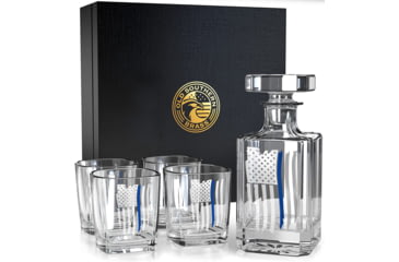 Image of Old Southern Brass Thin Blue Line Police American Flag Premium Gift Box, Decanter Whiskey Glass Gift 5 Piece Set, Clear, One Size, OSB-5PCSET-TBL