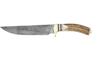 Image of Damascus Bowie Fixed Knife, 13 1/4in, damascus Steel bowie Blade with filework on spine, Stag Handle with brass finger guard and pommel DM1006