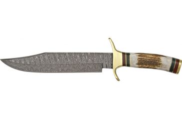 Image of Damascus Bowie Fixed Knife, damascus Steel bowie Blade, Stag Handle with brass guard and pommel DM1032