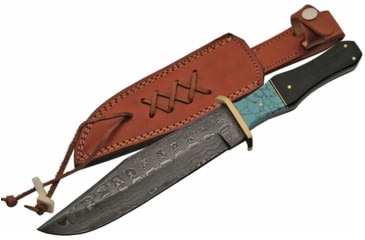 Image of Damascus Bowie Knife, 12.25in Overall, 7.25in Damascus Steel Clip Point Blade, Brass Guard, Horn And Turquoise Handle, Brown Leather Sheath, DM-1149