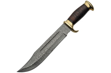 Image of Damascus Bowie Knife, 16.25in Overall, 10.5in Damascus Steel Clip Point Blade, Stacked Leather Handle, Brass Guard, Brown Leather Sheath, DM-1204