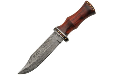 Image of Damascus Bowie Rosewood Knife, 11in Overall, 6.25in Damascus Steel Clip Point Blade, Rosewood Handle, SS Guard, Brown Leather Sheath, DM-1170
