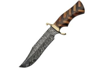 Image of Damascus Bowie Wood Knife, 7 Damascus steel clip point blade, Checkered wood handle, DM-1221