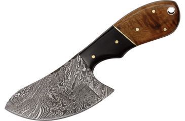 Image of Damascus Butcher Fixed Blade Knife,3in,Damascus Steel Blade,Brown Wood And Black Buffalo Horn Handle DM1062