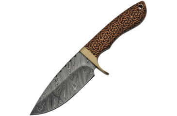 Image of Damascus Celtic Knot Hunter Knife, 4.25 Damascus steel blade, Brown wood handle with celtic knot artwork, DM-1208