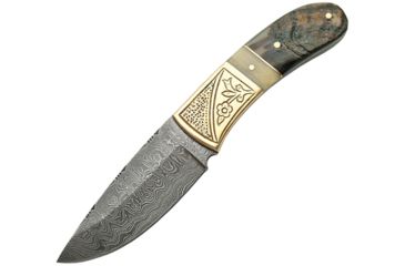 Image of Damascus Hunter Horn Fixed Blade Knife, 3.5in, Damascus Steel, Drop Point, Ram Horn Handle, DM1084