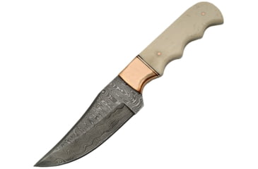 Image of Damascus Fixed Copper/Bone Skinner Knife, 9in Overall, 4.5in Damascus Steel Clip Point Blade, White Smooth Bone Handle, Copper Bolster, Brown Leather Sheath, DM-1153