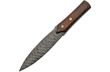 Image of Damascus Flint Spear Hunter Knife, 12in Overall, 6.75in Double Edge Damascus Steel Spear Point Blade, Brown Wood Handle, Brown Leather Sheath, DM-1201