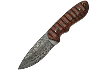 Image of Damascus Hunter Grooved Rosewood Knife, 8.5in Overall, 4in Damascus Steel Drop Point, Sculpted Rosewood Handle, Brown Leather Sheath, DM-1141