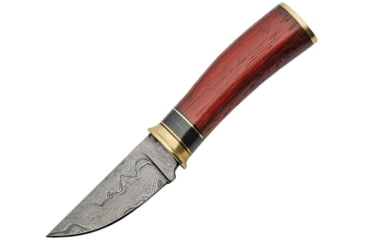 Image of Damascus Hunter Knife, 7.25in Overall, 3in Damascus Steel Blade, Brown Wood Handle, Brass Guard, Brown Leather Sheath, DM-1185