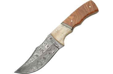 Image of Damascus Hunter Wood and Bone Handle Fixed Blade Knife, 4in, Damascus Steel, Olive Wood Handle DM1079