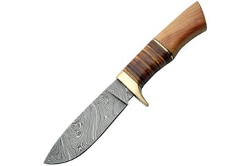 Image of Damascus Hunter Wood/Leather Handle Fixed Blade Knife, 4.75in, Damascus Steel, Olive Wood Handle DM1100