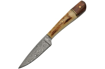 Image of Damascus Knife, 7in Overall, 3in Damascus Steel Blade, Stag Bone And Rosewood Handle, Brown Leather Sheath, DM-1176