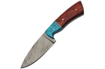 Image of Damascus Knife, 8.5in Overall, 4in Damascus Steel Blade, Redwood And Turquoise Handle, Brown Leather Sheath, DM-1187