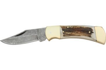 Image of Damascus Lockback Fold Knife, Steel Clip Blade, Stag Handles with brass bolsters DM1019