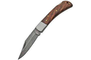 Image of Damascus Lockback Folding Knife, 3.25in Damascus Steel Clip Point Blade, Brown Wood, DM-1180