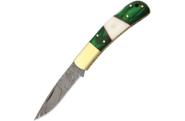 Image of Damascus Lockback Folding Knife, 3in Damascus Steel Drop Point, Brass Bolster, Green Pakkawood And White Bone, DM1169