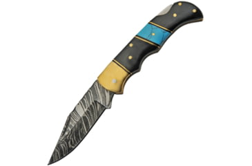 Image of Damascus Lockback Horn/Turquoise Folding Knife, 2.75 Damascus steel clip point blade, Horn and turquoise handle, DM-1215