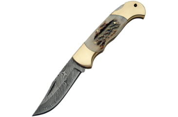 Image of Damascus Lockback Stag Folding Knife, 3.25in Damascus Steel Clip Point Blade, Stag Bone, DM-1162SG