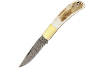 Image of Damascus Lockback Stag Folding Knife, 3in Damascus Steel Drop Point, Stag Bone, DM1168