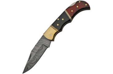 Image of Damascus Lockback Wood and Horn Folding Knife, 2.75 Damascus steel clip point blade, Buffalo horn and brown wood handle, DM-1214