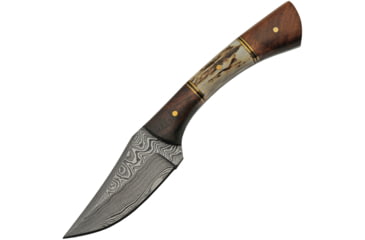 Image of Damascus Skinner Stag Bone Knife, 3 Damascus steel skinner blade, Stag bone and brown wood handle, DM-1269