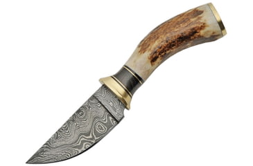 Image of Damascus Skinner Stag Knife, 7.25in Overall, 3.25in Damascus Steel Blade, Stag Bone Handle, Brass Guard, Brown Leather Sheath, DM-1188