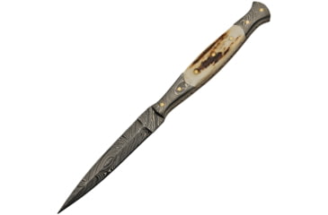 Image of Damascus Slim Knife, 8.5in Overall, 4in Double Edge Damascus Steel Dagger Blade, Stag Bone Handle, Damascus Guard, Brown Leather Sheath, DM-1178